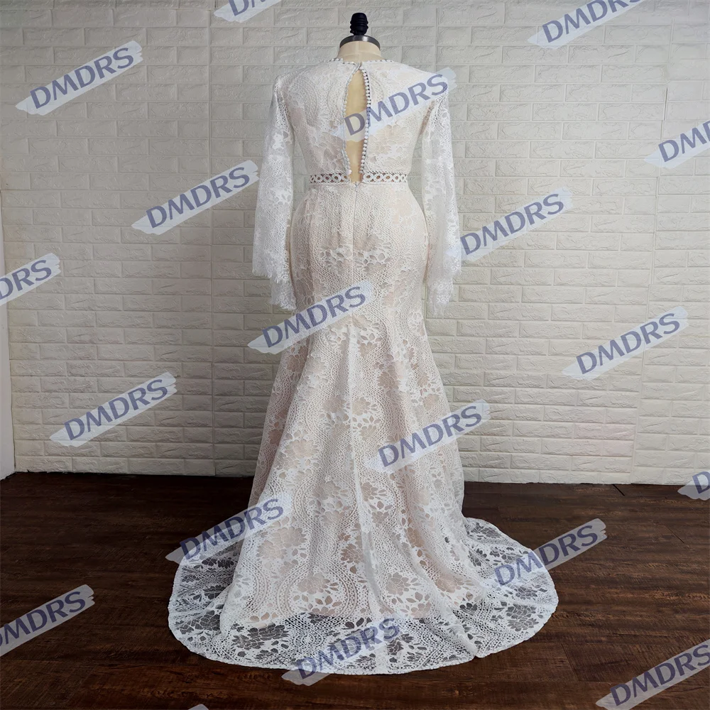 Klassieke Flare Mouw Lange Mouw Bruid Gewaad Sexy Diepe V-Hals Bruidsjurk Elegante Kanten Lange Trouwjurk Robe De Mariée