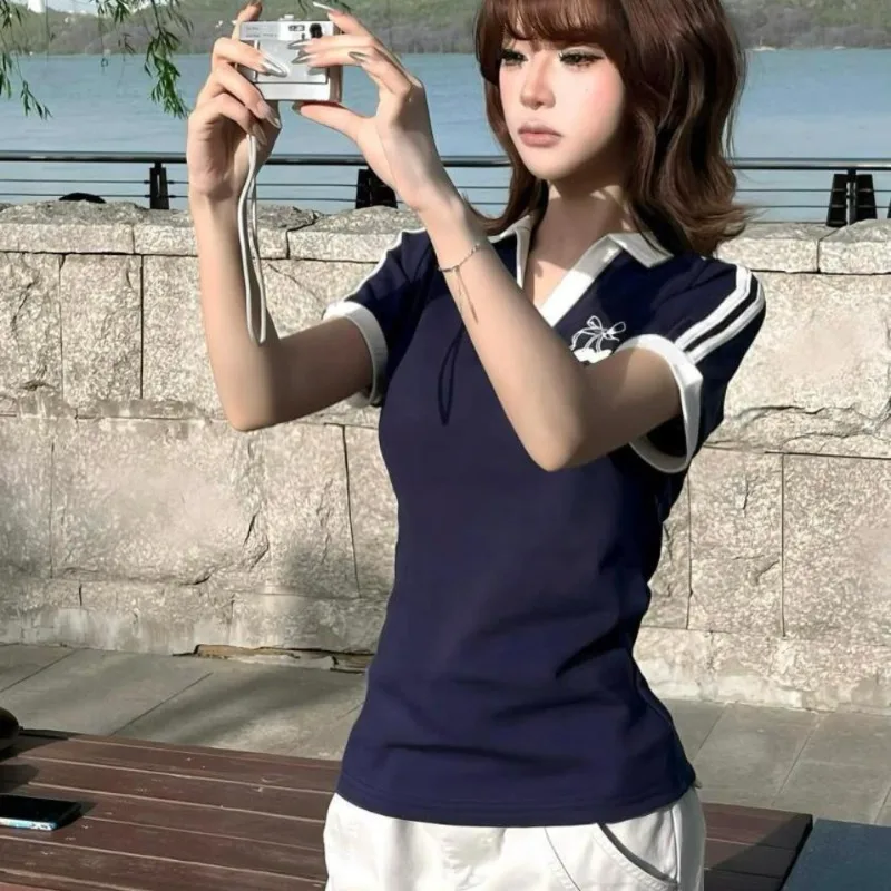 Deeptown Vintage Embroidery Women T-Shirts Striped Short Sleeve American Style Polo Neck Tees Slim Preppy Gyaru Summer Youthful