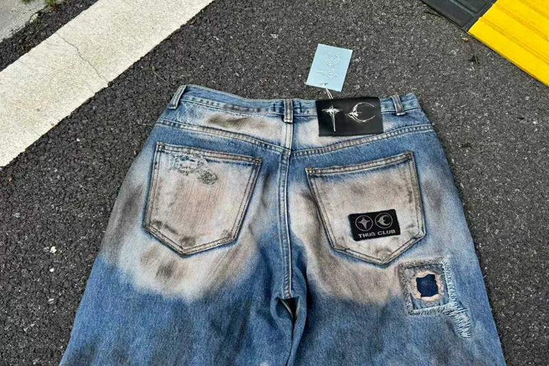 وصمة عار البلطج نادي هول التالفة الجينز فوضوي غرزة مستقيم فضفاض السراويل الرجال النساء الكلاسيكية الجلود نجمة القمر تسمية معدنية بنطلون