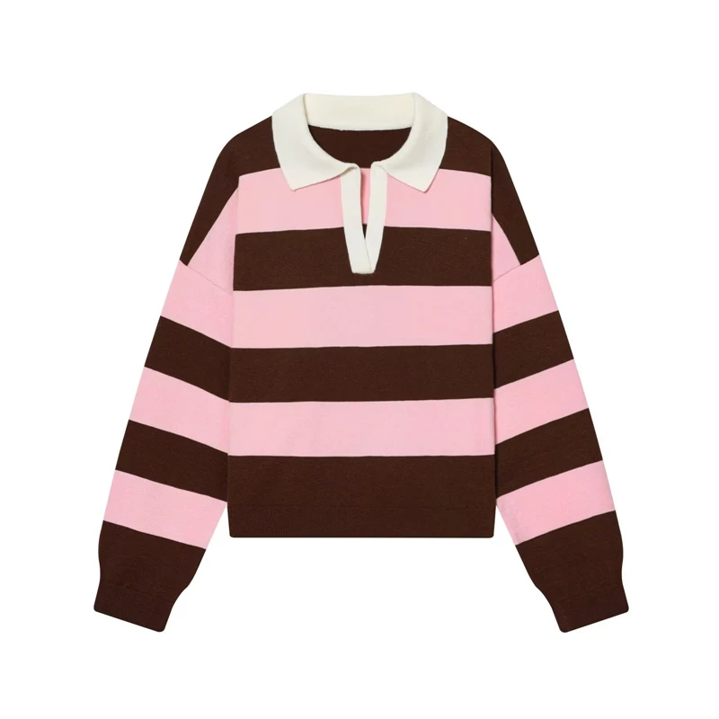 سترة نسائية مخططة برقبة بولو - بلوزة متماسكة بأكمام طويلة وكتلة ألوان عتيقة، طراز Y2K Preppy