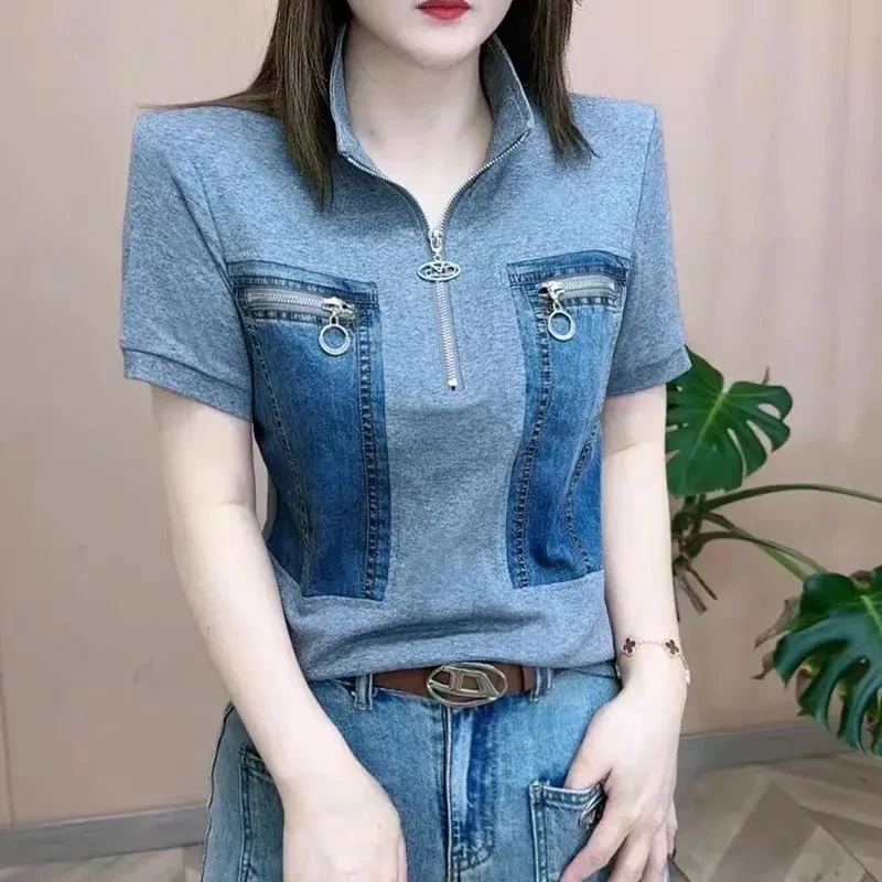 New 2024 Spring Summer Autumn T-Shirt Top Women\'s Fashion Short Stand Up Collar Slim Patchwork Casual Denim Jacket Female
