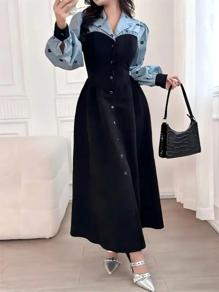 春秋ファッションプリントレトロパーティードレス女性セクシーシングルブレストラペルシャツドレスカジュアル長袖ボヘミアンワンピース