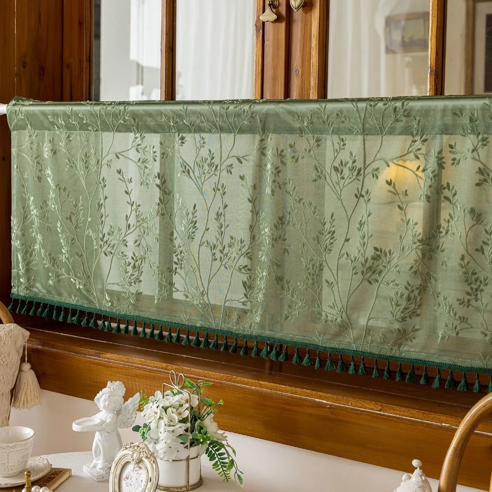 Pastoral Style Tulle Kitchen Curtain Polyester Jacquard Sheer Voile Cafe Curtains Bohemian with Tassel Room Partition Curtain