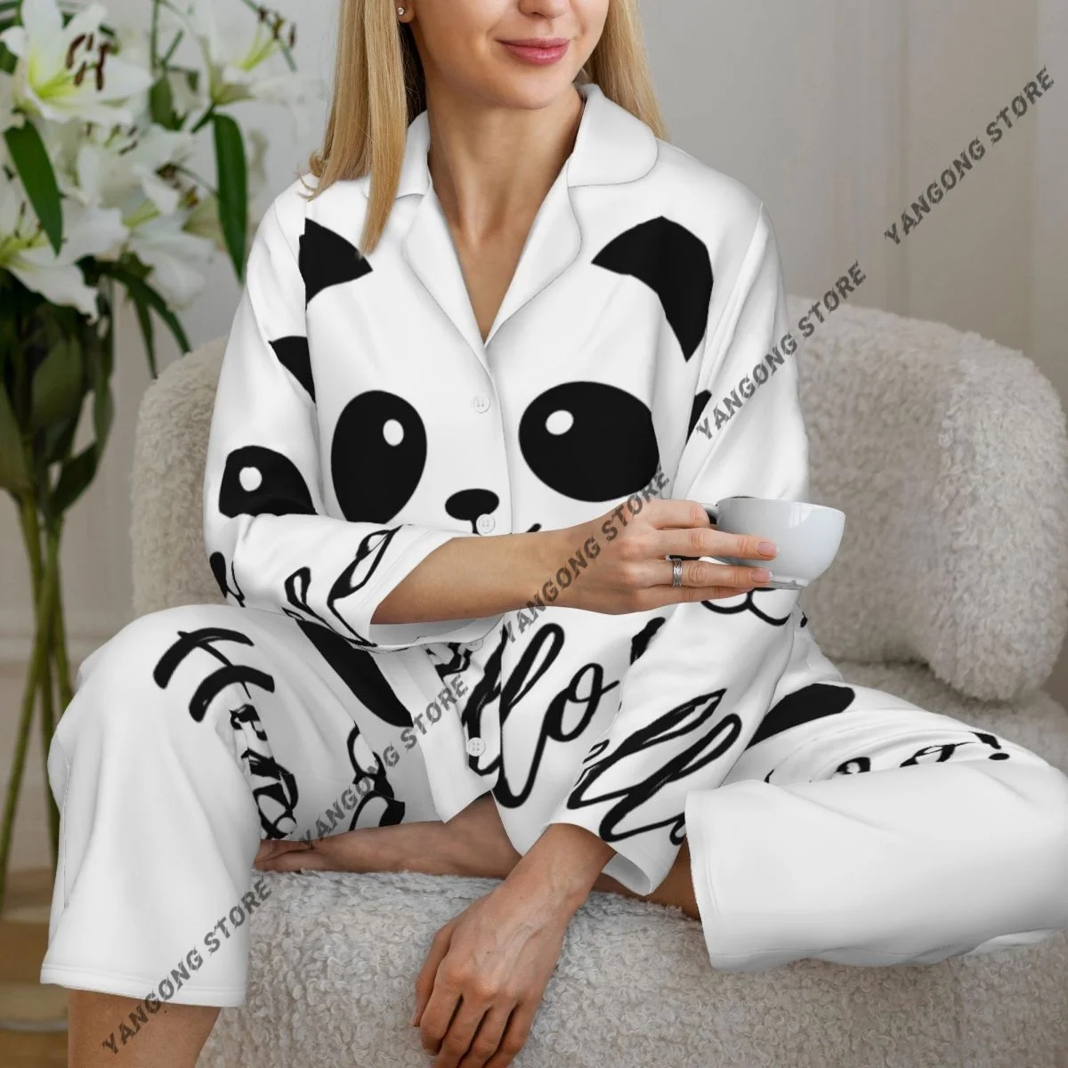 Women Sleepwear Pajamas Happy Cute Smile Panda Face Long Sleeve Pijama Female Set Negligee Cardigan Suit