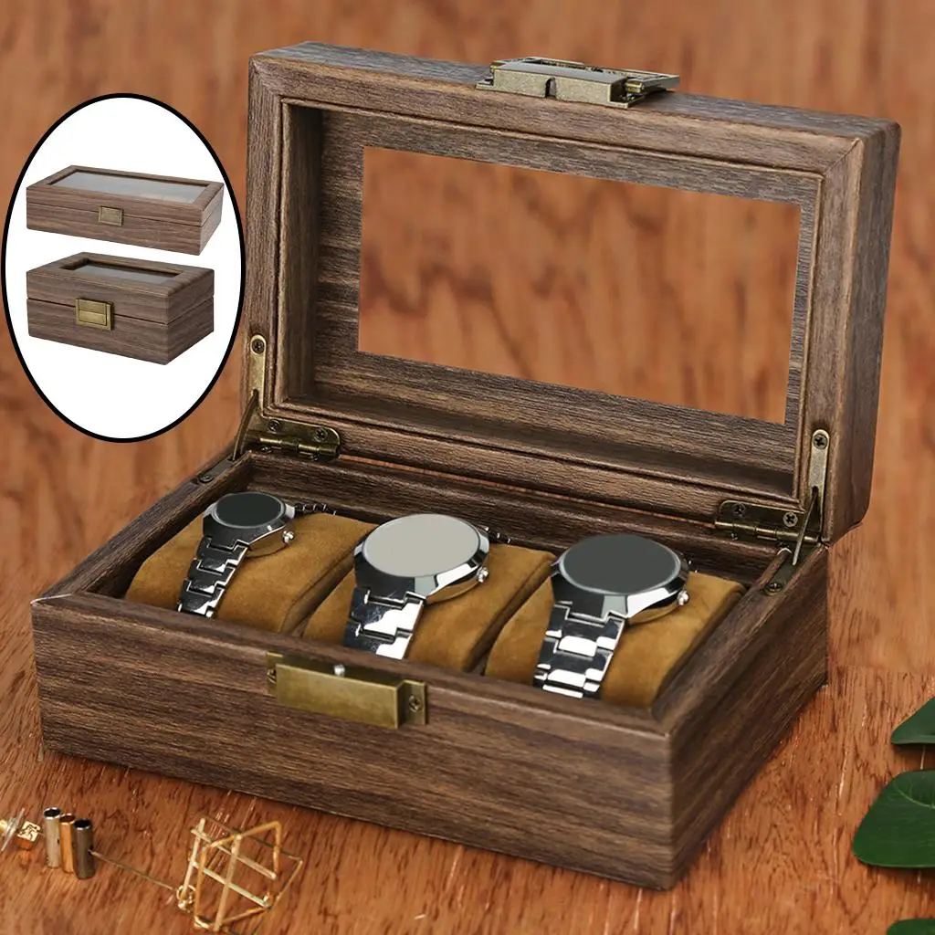 Portable Watch Box Wooden Display Case w/Clear Top and Lock Jewelry Storage