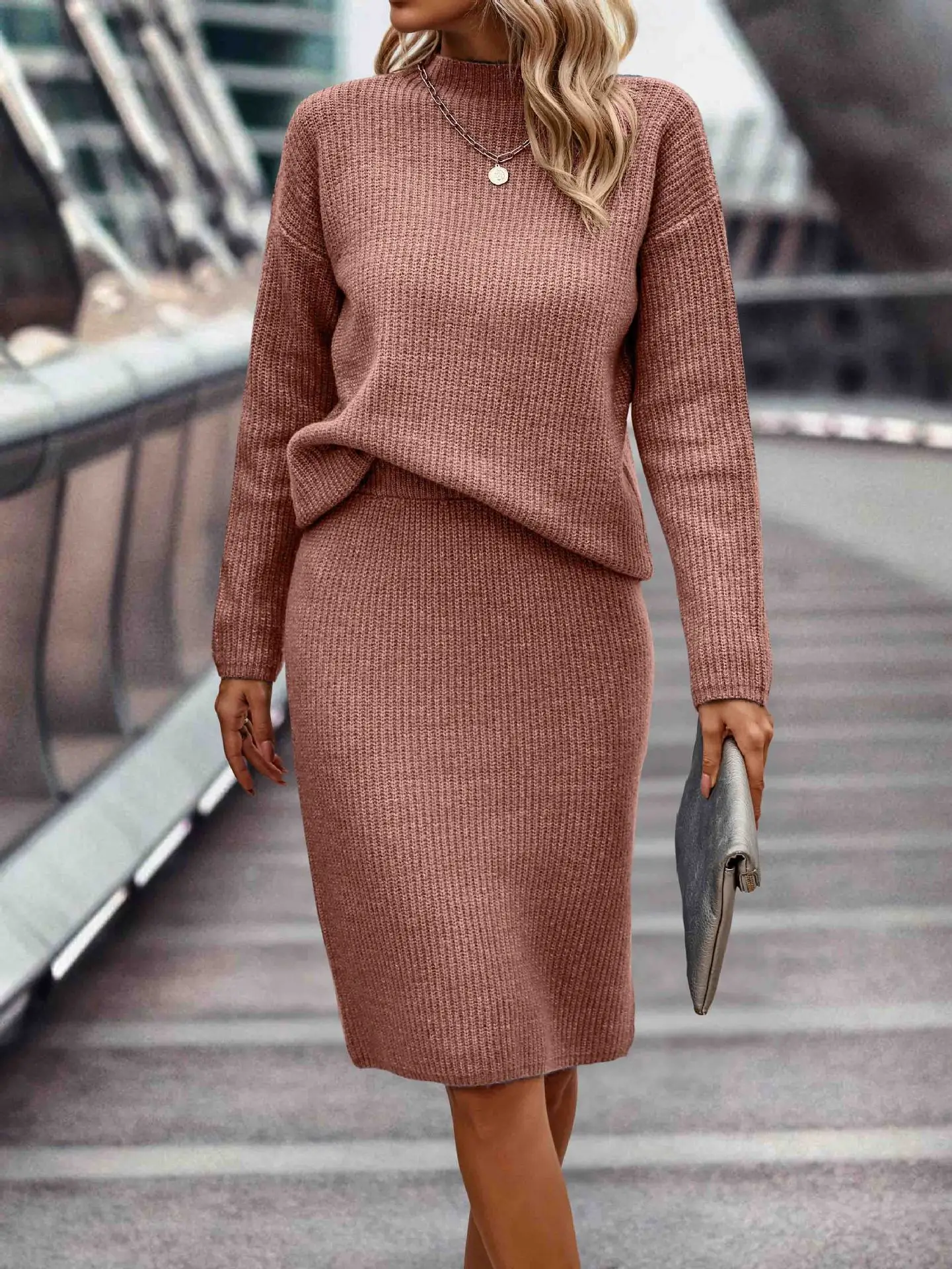 2 piece sets women outfit Autumn Winter Black Khaki Navy Blue Knitted Sweater Tops+Skirt Set 2024 new in matching sets