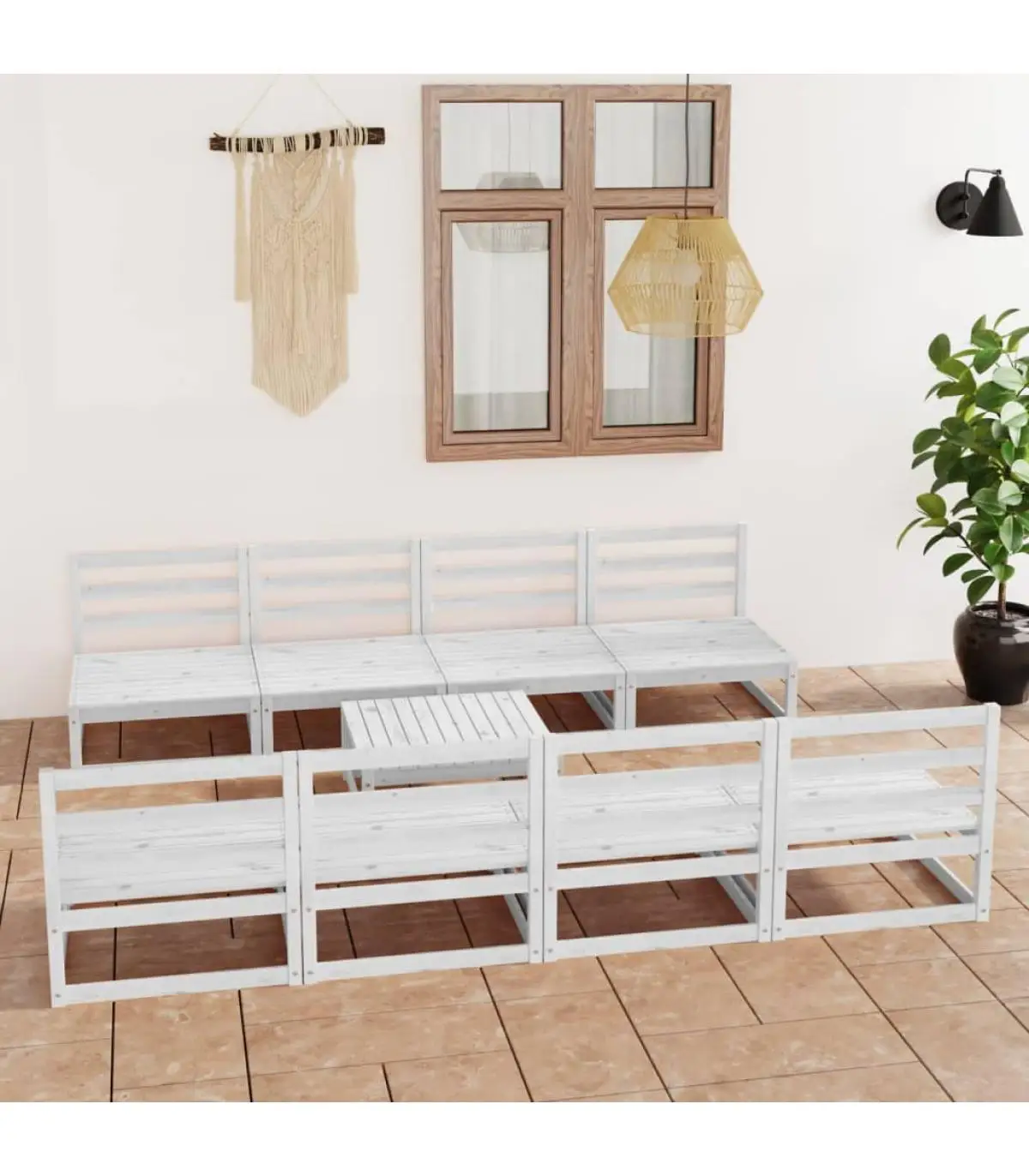 Garden Sets Garden Living Room Set 9 PCs White Solid Pine Wood