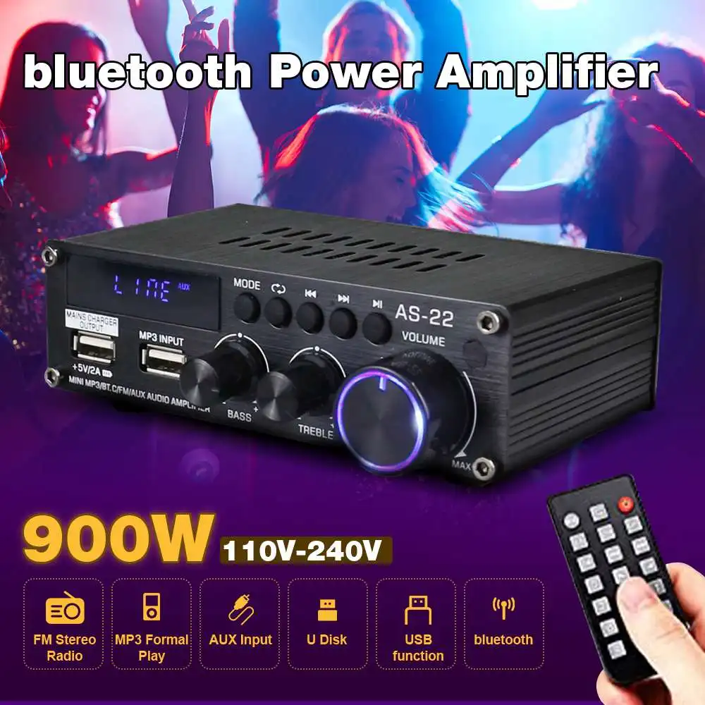 AirAux AS-22 900W Mini Hi-Fi Digital bluetooth Wireless Power Amplifier Car Home Audio Amp Subwoofer Speakers FM AUX MP3 Remote