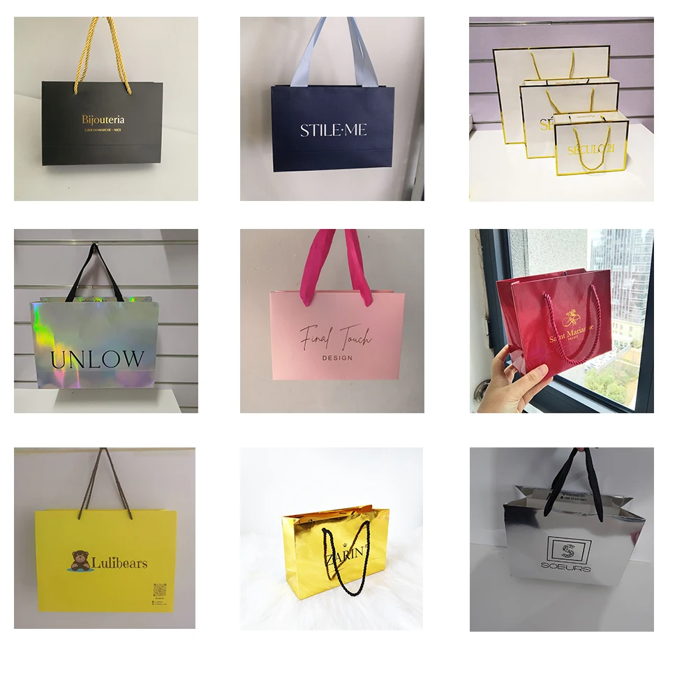 Venta al por mayor, 500 unids/lote, bolsas de compras de papel de lujo de alta gama con mango de cinta, personaliza tu propio logotipo impreso para joyería de mujer