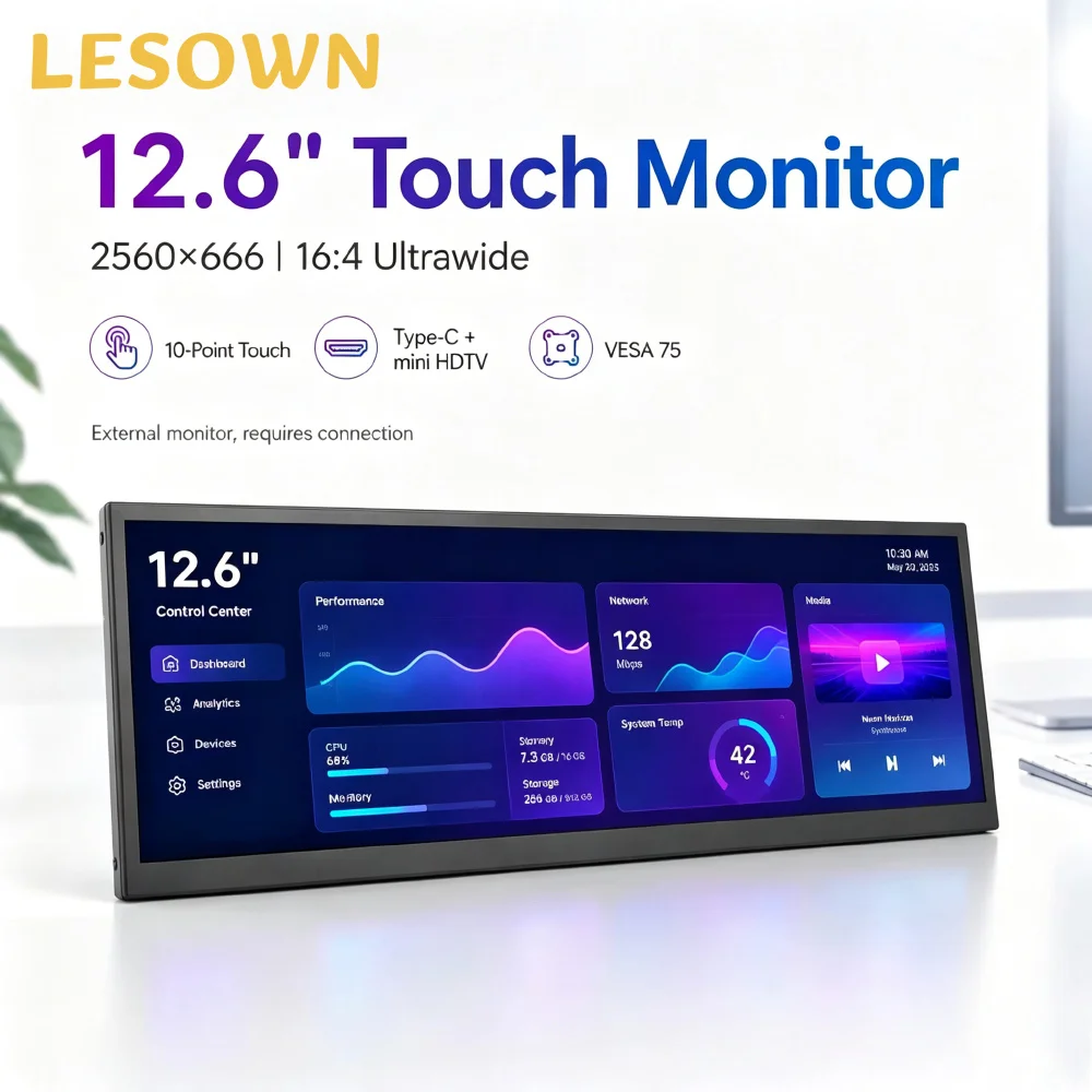 LESOWN 12.6 Inch Wide View Travel Monitor 45% NTSC Portable Display Plug & Play Sensitive Touch for PC