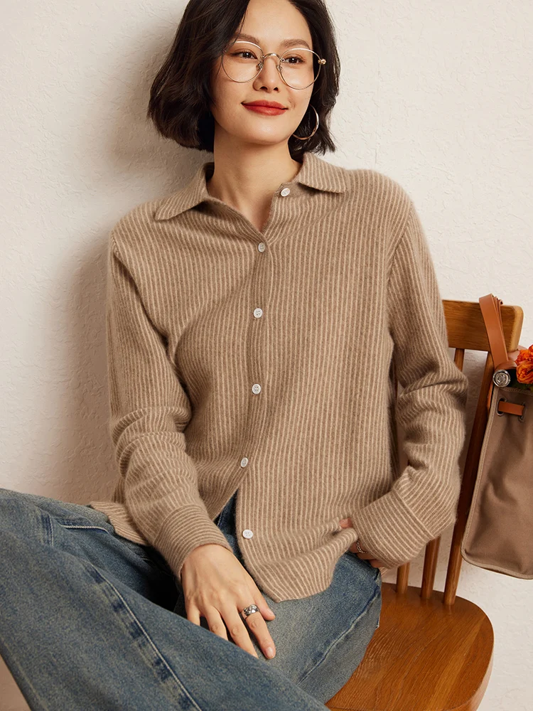 

Yoyoselect Women 100% Cashmere Cardigan Basic Polo Collar Striped Sweater Shirt Autumn Winter New Buttoned Design Clothing