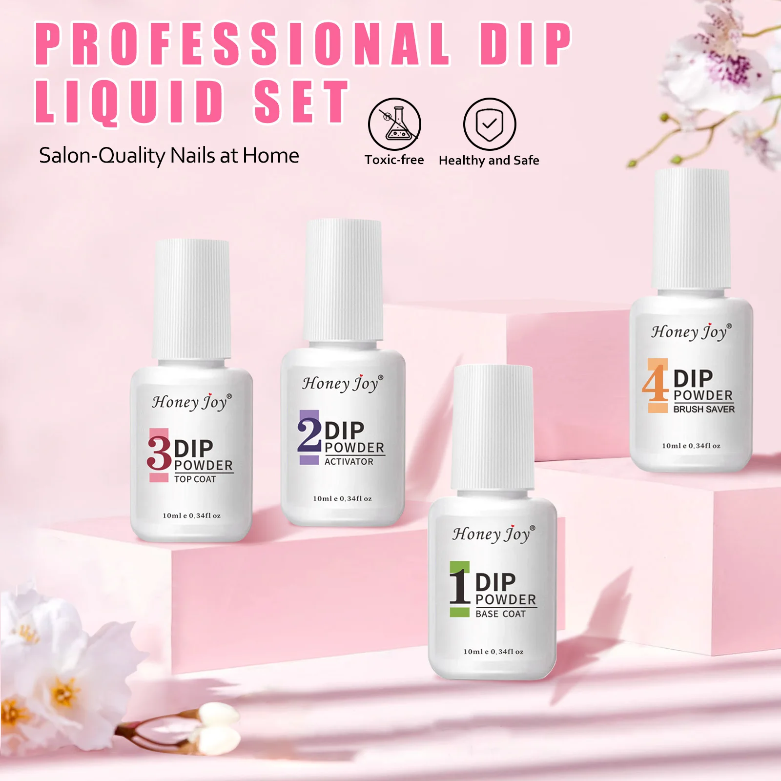 허니 조이 10ml 딥핑 파우더 리퀴드 세트 4개입 딥 파우더 시스템 베이스 탑 코트 액티베이터 브러쉬세이버 네일 아트 자연 건조 무램프