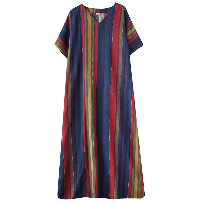 فستان طويل أنيق من القطن والكتان بياقة على شكل V فضفاض مقاس كبير صيفي بتصميم جديد ملابس نسائية بأسلوب العطلات خامة رقيقة