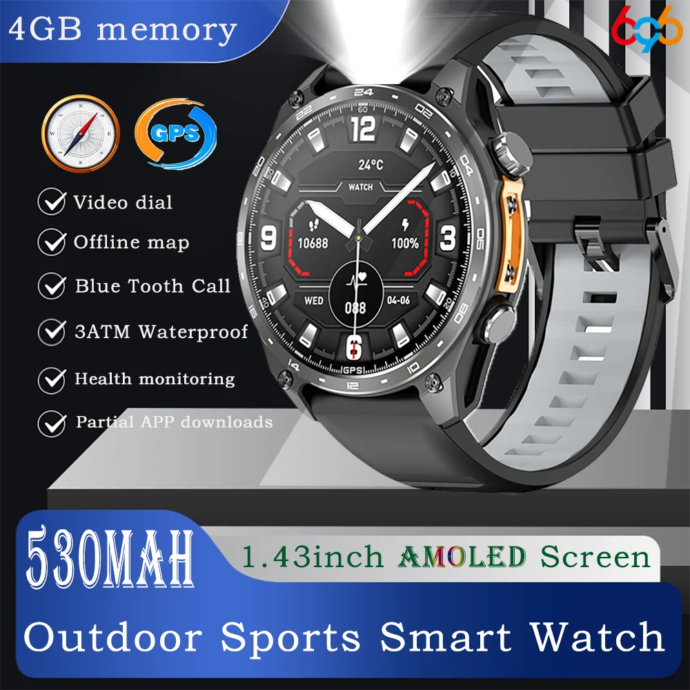 

GPS Sports Outdoor Smart Watch App Download 4GB Memory Offline Map Waterproof MP3 MP4 Playing LED Lighting Blue Tooth Smartwatch