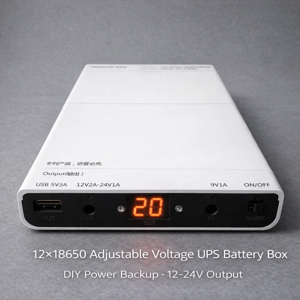 12-Cell 18650 UPS Battery Box, Adjustable 9–24V DC Backup Power for Router Modem Camera, Not a Power Bank No Batteries Included