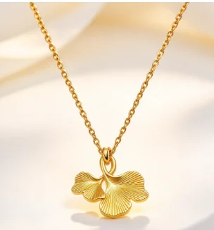 9999 Gold Double Apricot Leaf Laser Bead Necklace, Trendy and Minimalist Design for Women, Unique Style, Long Neckline Chain,