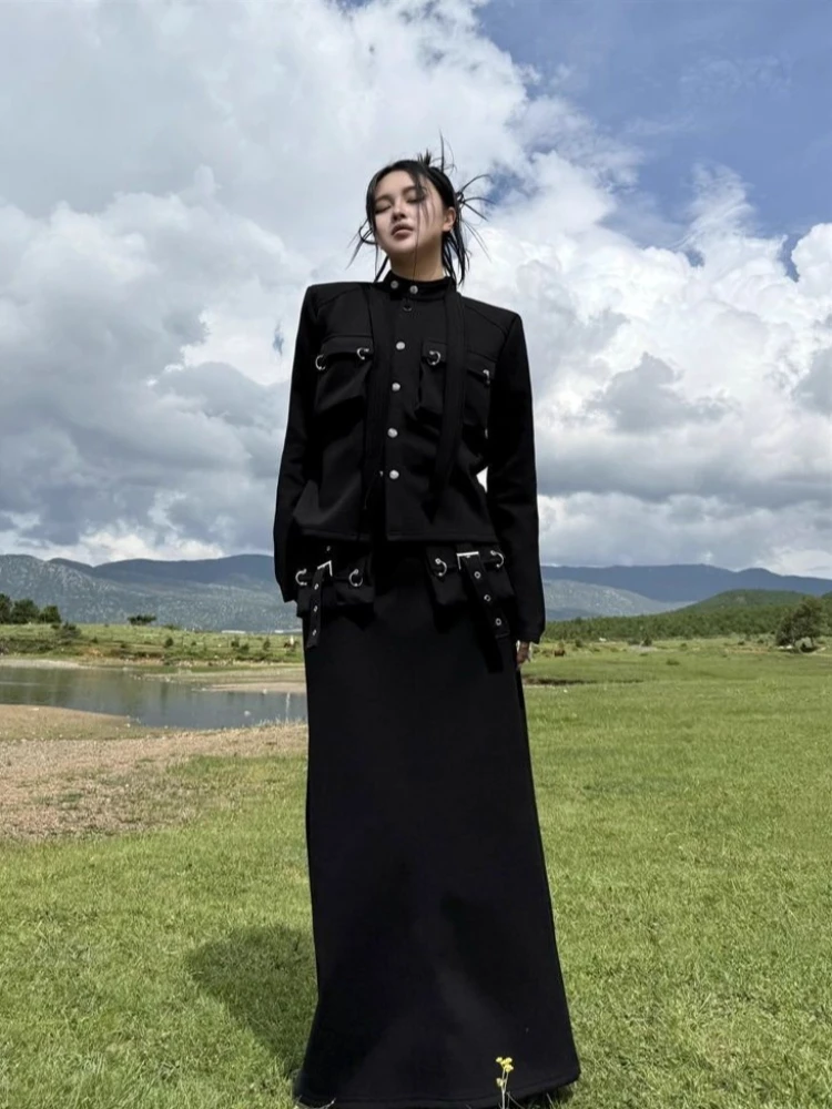 Women's Black Edgy Gothic Set - Maxi Skirt with Metal Buckles & Cropped Cargo Jacket, Vintage Punk Streetwear for Spring Autumn