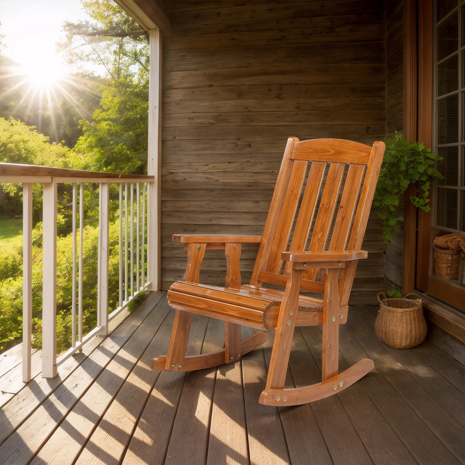 

Teak color fir vertical stripe back comfortable wooden rocking chair