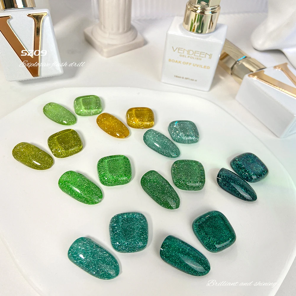 Vendeeni 15Ml 9 Kleur/Set Glitter Groen Gebroken Diamantgel Nagellak Weken Van Uv Led Flash Bos Groene Nail Art Lak