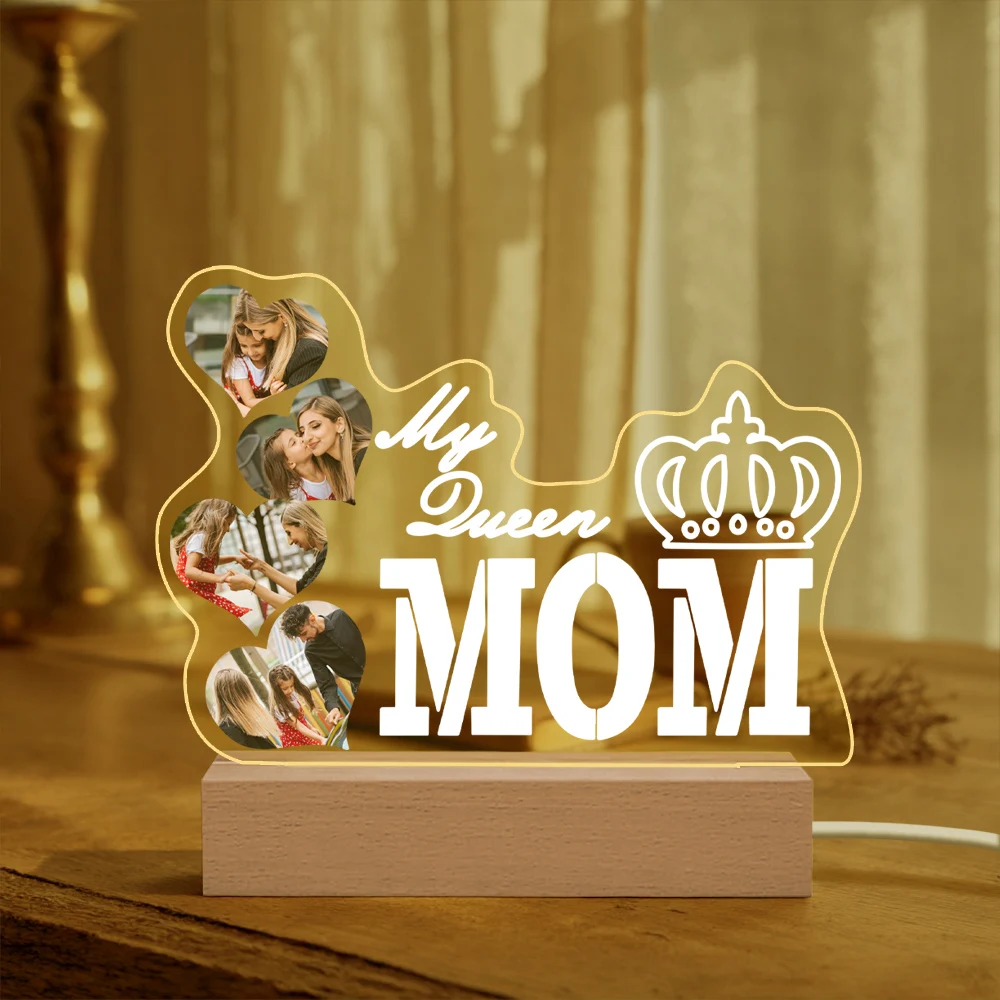 Custom Acrylic Night Light for Mom Personalized Photo LED Dimmable Plug-in Nightlight with USB Cable Mother's Birthday Day Gift