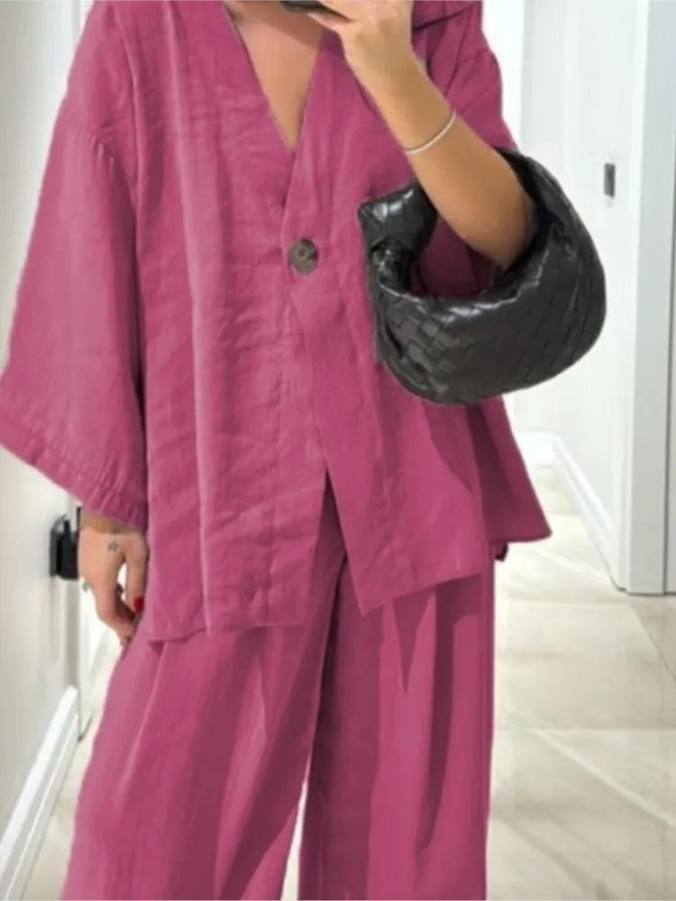캐주얼 여성 린넨 루즈 셔츠 팬츠 세트 패션 싱글 브레스티드 블라우스 와이드 레그 팬츠 수트 여름 여성 2피스 의상