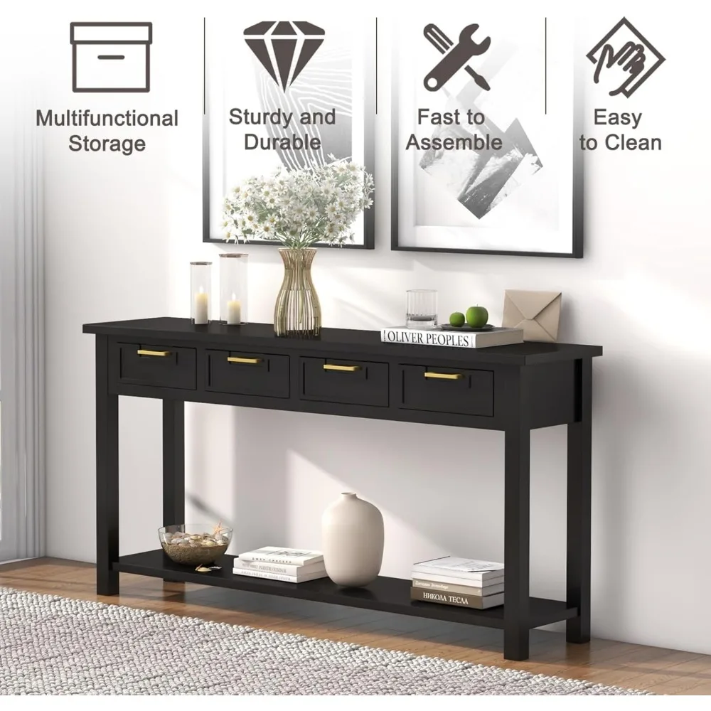 Solid Wood Console Table - Entryway Table with 4 Drawers and a Bottom Storage Shelf, 60 Inch Narrow Long Sofa Table for Living
