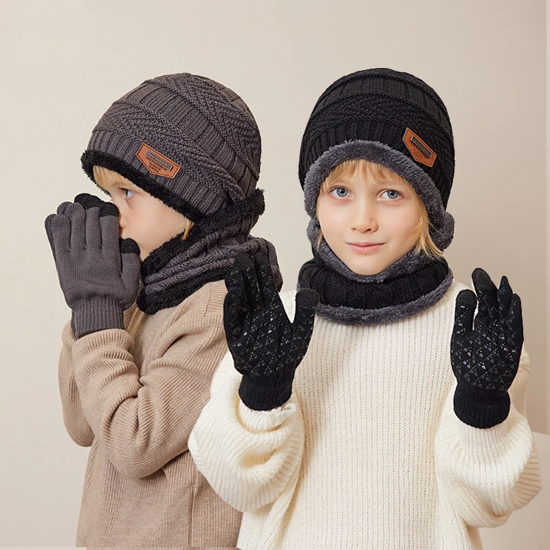 boy 3pcs set winter hat snood gloves thickened fleece-lined plush lining winter beanies knit short scarf 4-10Y children hat set