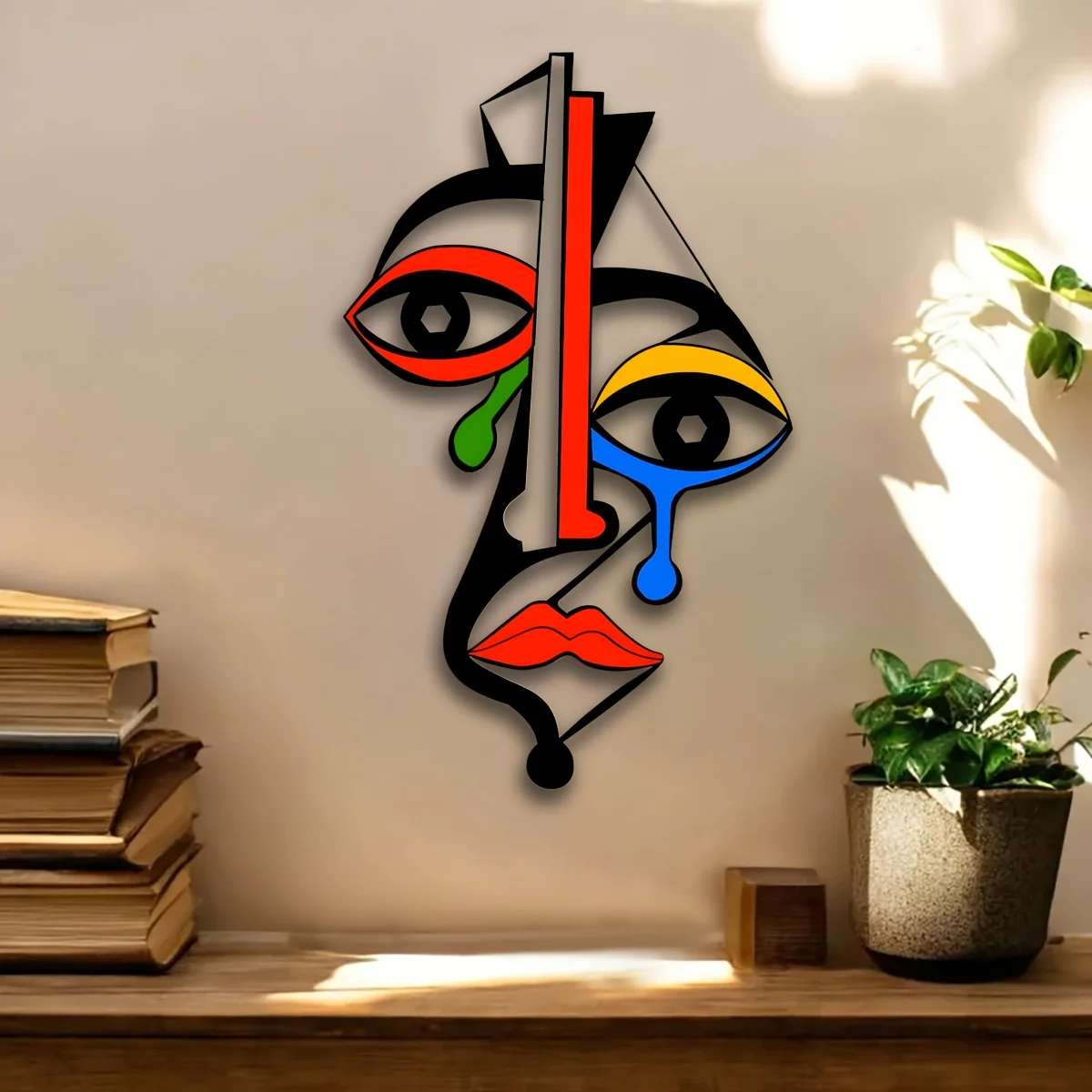 Picasso-inspirierte Metall-Wandkunst, farbenfrohe kubistische Gesichtsskulptur mit kräftigem geometrischem Design, abstrakte moderne Dekoration für das Wohnzimmer