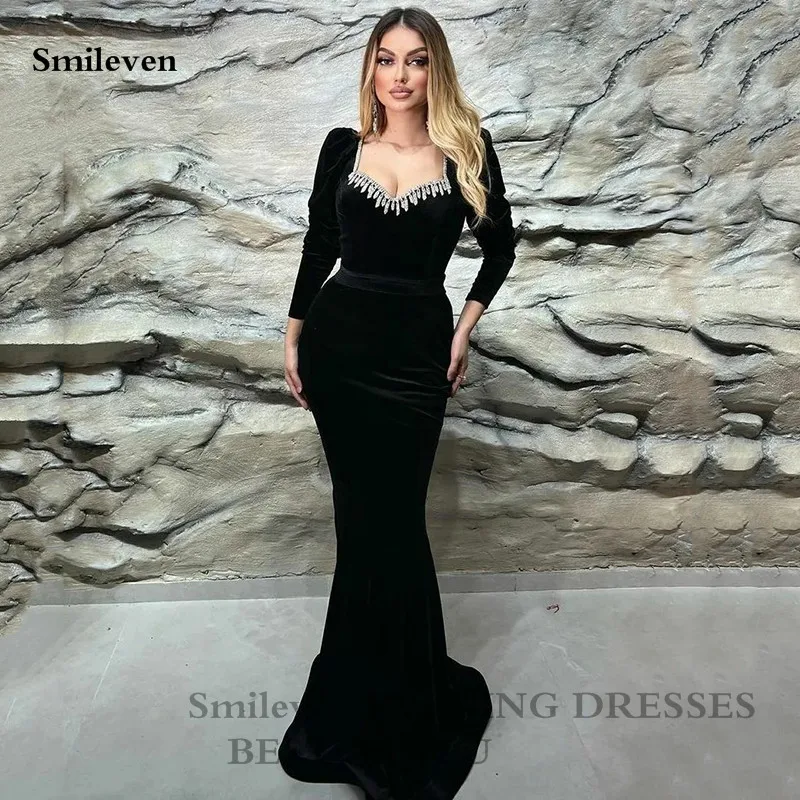 

Smileven Black Velvet Mermaid Evening Dress Long Sleeve Sweetheart Neck Prom Gowns Robe De Soirée Formal Evening Party Gown