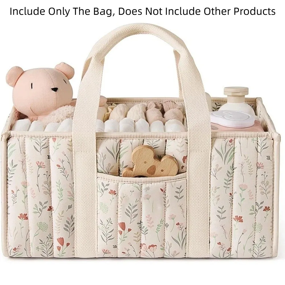 Large Capacity Baby Diaper Organizer Floral Beige Multifunctional Nursery Storage Basket Multi-Pocket Portable