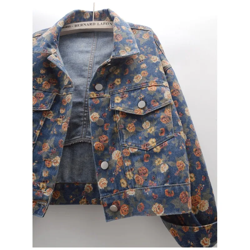 Women's Spring Autumn Tops Jacket Cowboy Printed Short Vintage Simple Loose Leisure Design Fashion Advanced Soft Niche Skinny