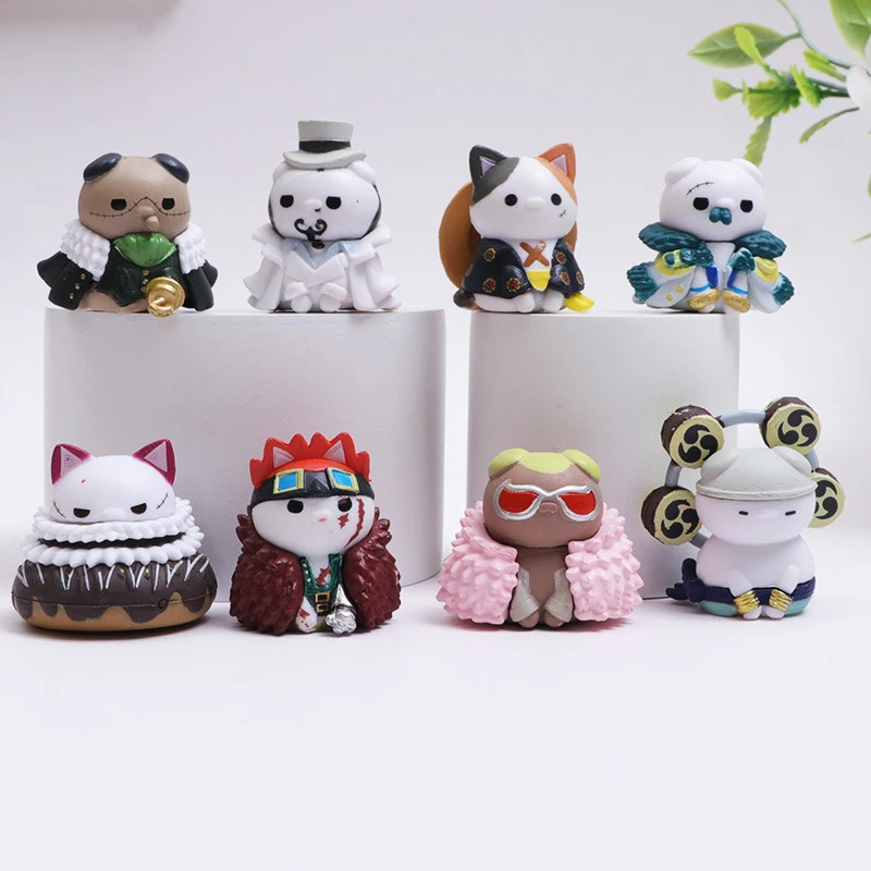 8Pcs One Piece Luffy Model Anime Figurka Zoro Doflamingo Cute Cat Shape Cake Car Desktop Ornament Collection Toys Accessory Gift