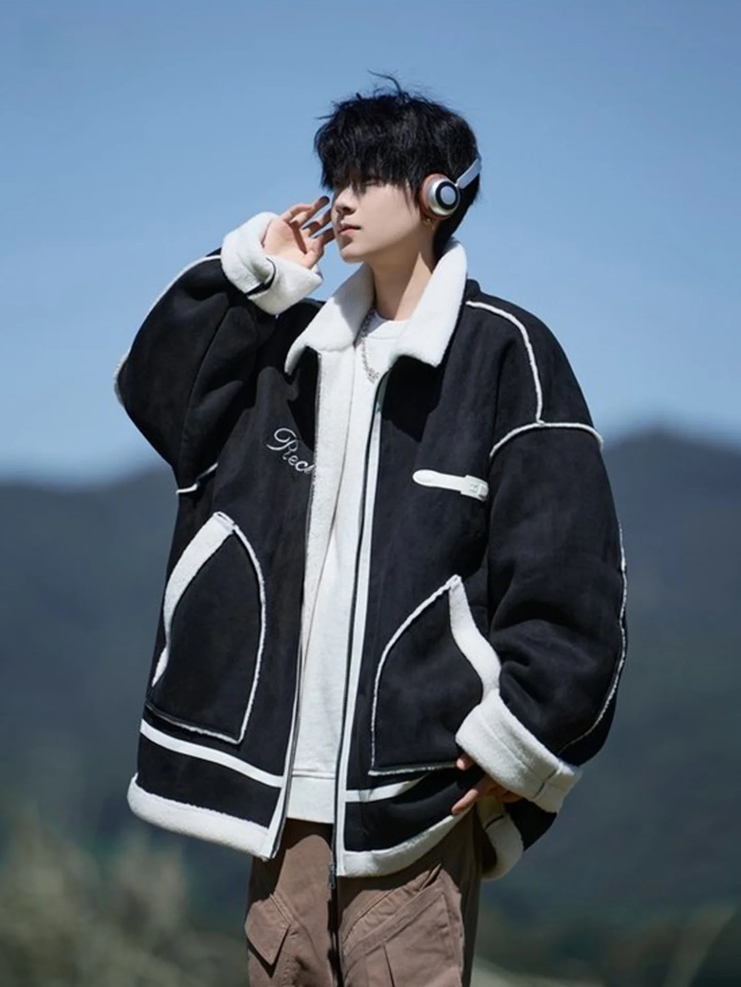 

American Sle Suede Cotton Jaet Men Winter Fur Leather Inteated Lamb Velvet Thiened Casual Sle Hooded Zipper Coat