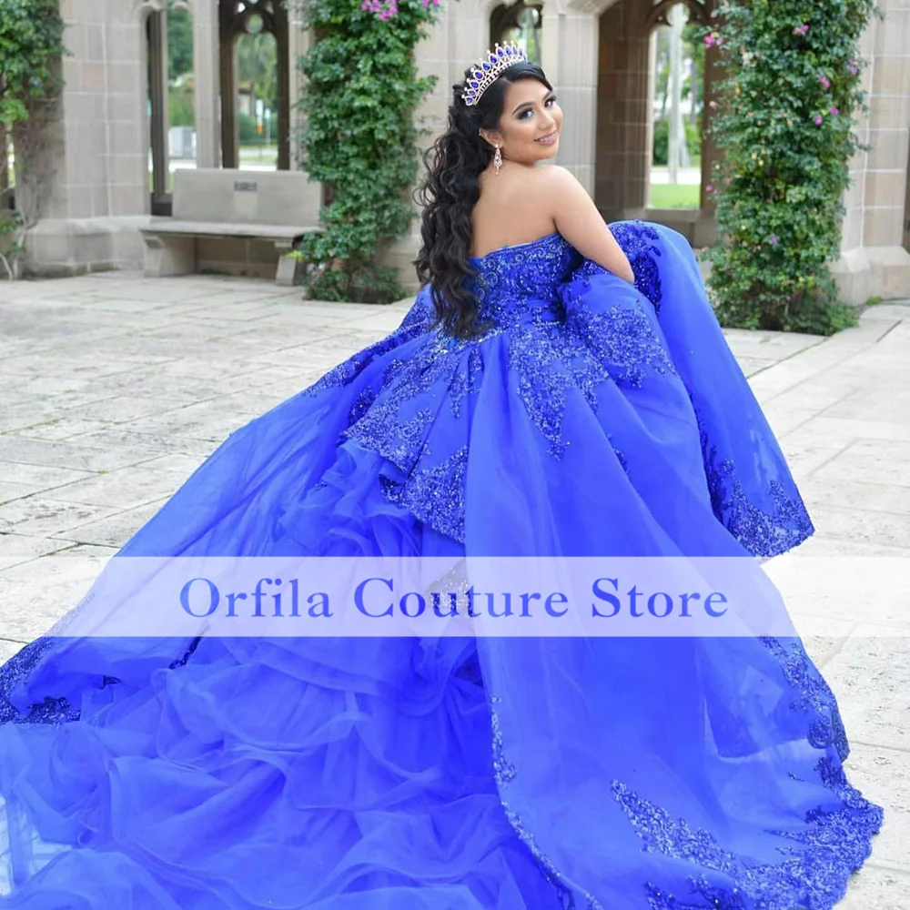 Vestido azul real mexicana, Quinceañera de 15 años, con mangas extraíbles, apliques de lentejuelas, dulce 16, Vestido largo de Graduación