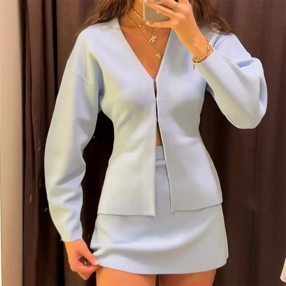 European and American Style 2024 Spring and Summer Women\'s New Fashionable and Simple Knitted Slim Fit Jacket and Skirt Set