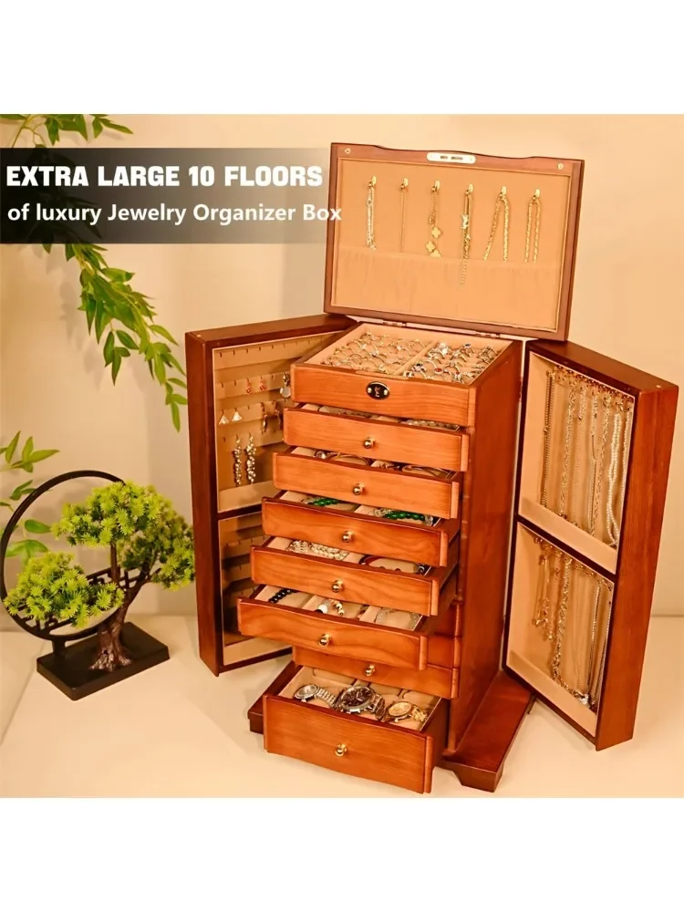 TULX YB-Grande Boîte à Bijoux en Bois à 10 Niveaux, Rangement de Boucles d'Oreilles, Présentoir pour Bracelet, Design à Double Porte 3