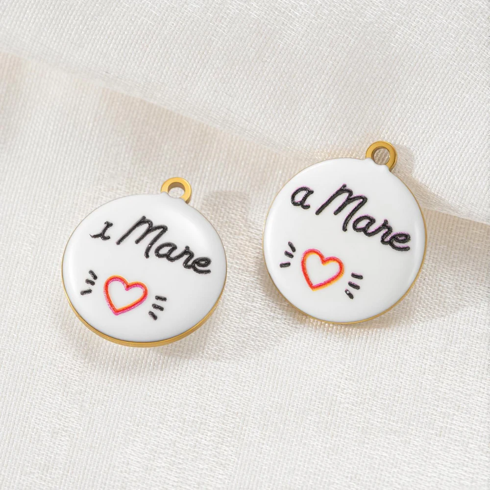 2 Stück Keramikanhänger mit italienischen Worten „Love“, geometrische runde Emaille-Anhänger aus Edelstahl für DIY-Halsketten, Armbänder und Damenschmuck – Detail 6