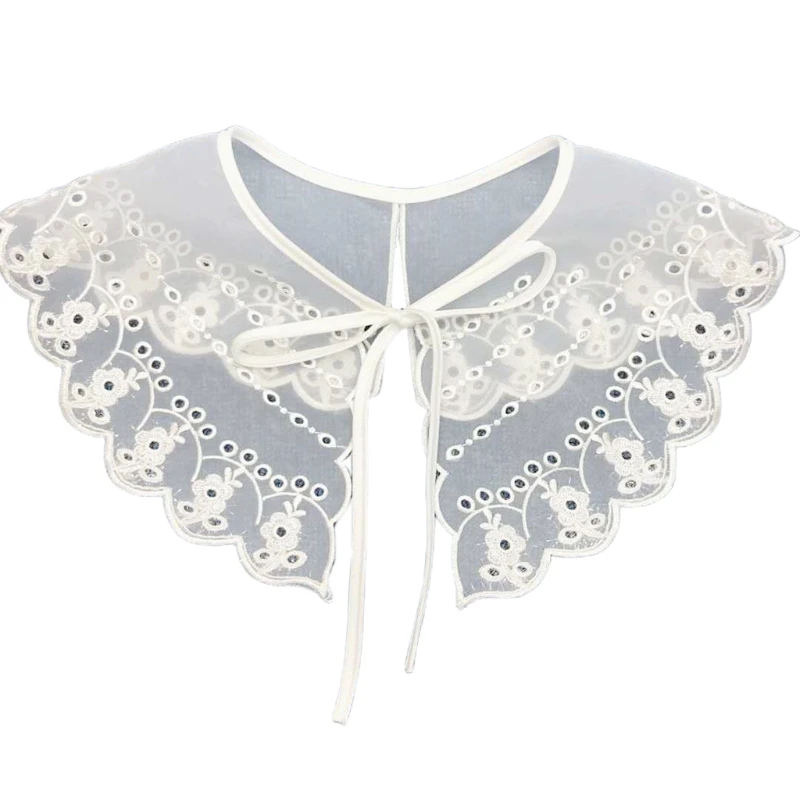 Women Decorative Fake Collar Lace Shawl Capelet Hollow Embroidery Layered Dickey Self-Tie Ribbon Mesh Necklace