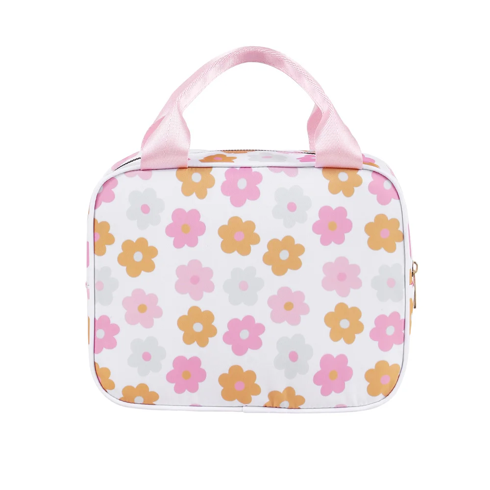 Floral Insulated Nylon Lunch Bag Checker Plaid Smile Lunch Box With Handle Back to School For Travel Camping