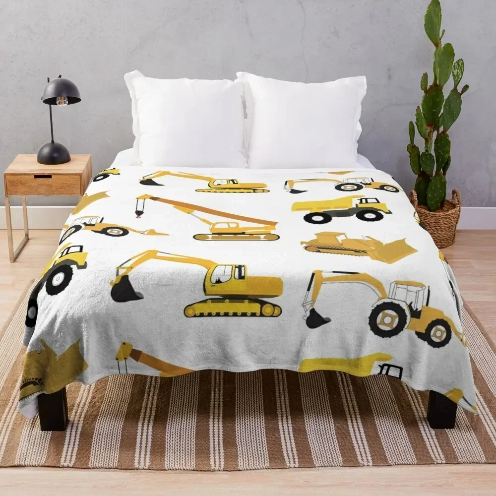 Construction Trucks - Dump Truck, Excavator, Crane, Bulldozer and Backhoe Throw Blanket for winter Flannel Blankets