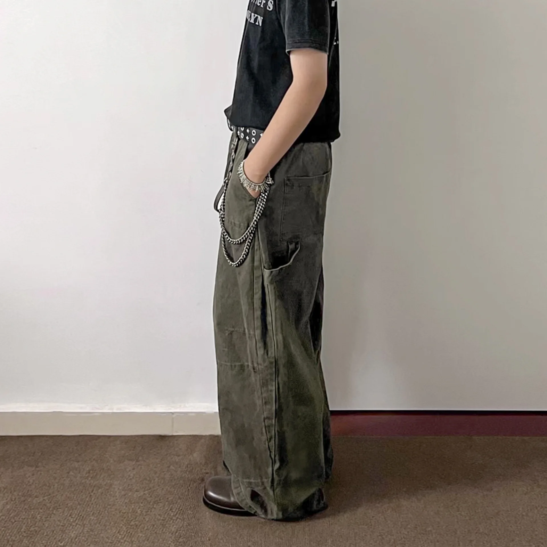 OR FL American Retro Wash and Age 100 Cotton Women Cargo Trousers Baggy Staraight Women's Y2k Solid Color Wide Leg Pants