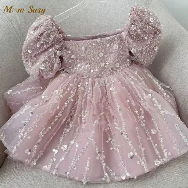 Baby Girl Princess Sequins Dress Off Shoulder Puff Sleeve Infant Toddler Child Tulle Vestido Birthday Party Baby Clothes 1-14Y