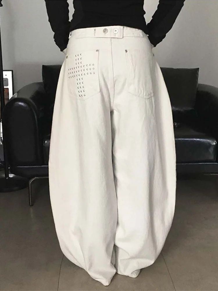 

Тенденция 202, стиль Y2K, белые заклепки, мешковатые женские джинсы, брюки, женская одежда, корейские повседневные свободные хлопковые длинные брюки