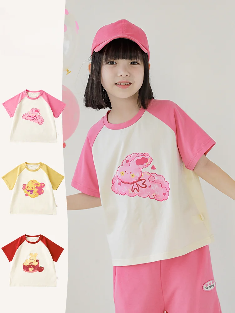 

2023 New Girls' Printed Contrast Raglan Short Sleeve Children's Cute Cartoon Rabbit T-shirt Top Fashion Cotton Tees 4-12y