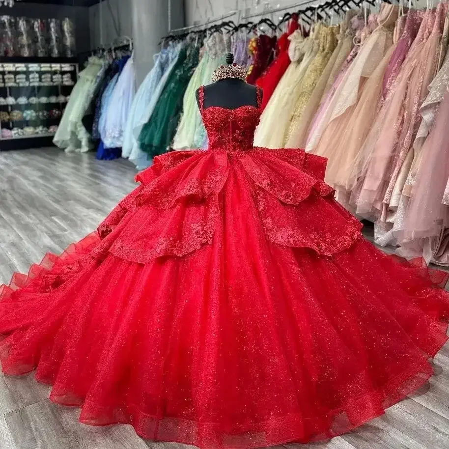 Sparkly Red Spaghetti Strap Quinceanera Dresses Pretty Ruffles Lace-Up Vestidos De 15 Anos Birthday Party Prom Gowns Customized