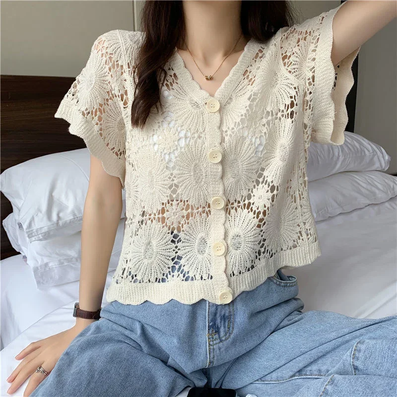 Shawl Knitted Cardigan Women\'s Summer Short Sleeved Thin Top with Skirt Blouse Vintage Clothes for Women Tops Shirts Blouses