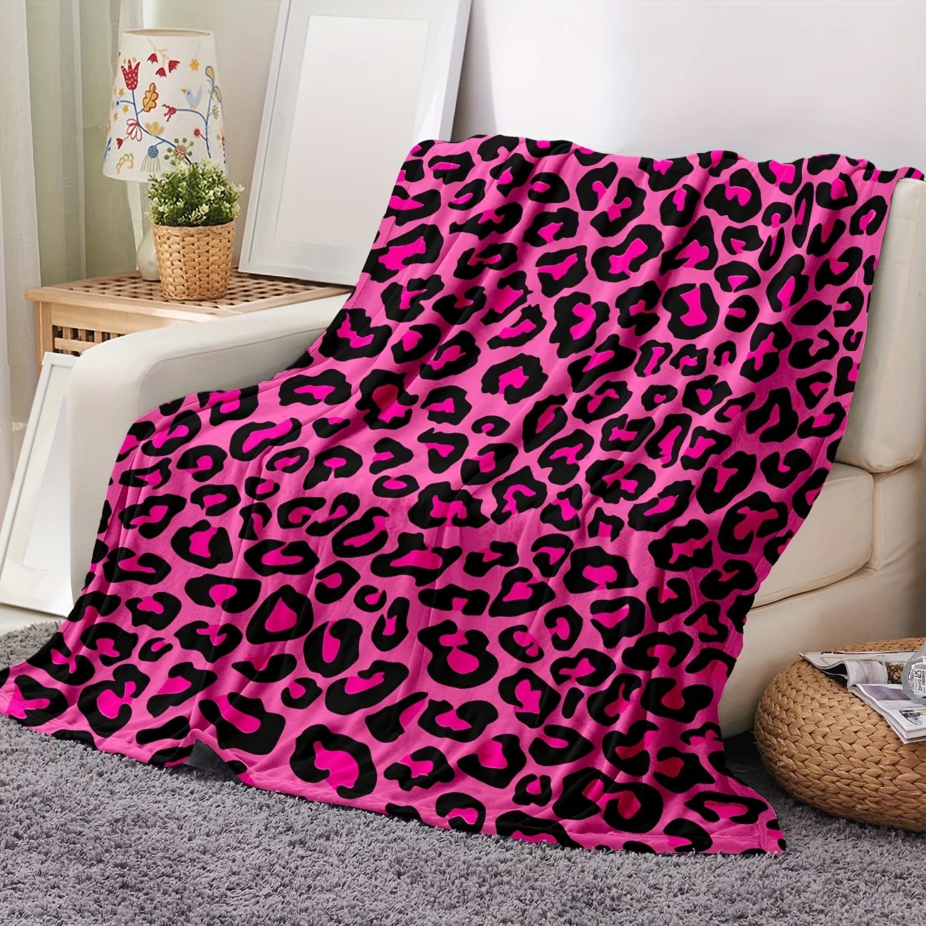 Pink Black Leopard Print Flannel Blanket Soft Throw