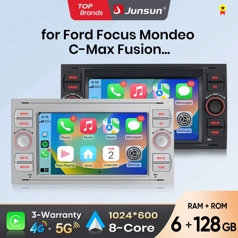 Junsun 7-Zoll Kabelloses CarPlay Android Auto Autoradio für Ford Focus Mondeo Fiesta Transit Kuga C-Max S-Max Galaxy Multimedia Kabelloses Apple CarPlay Intelligente Systeme IPS Touchscreen