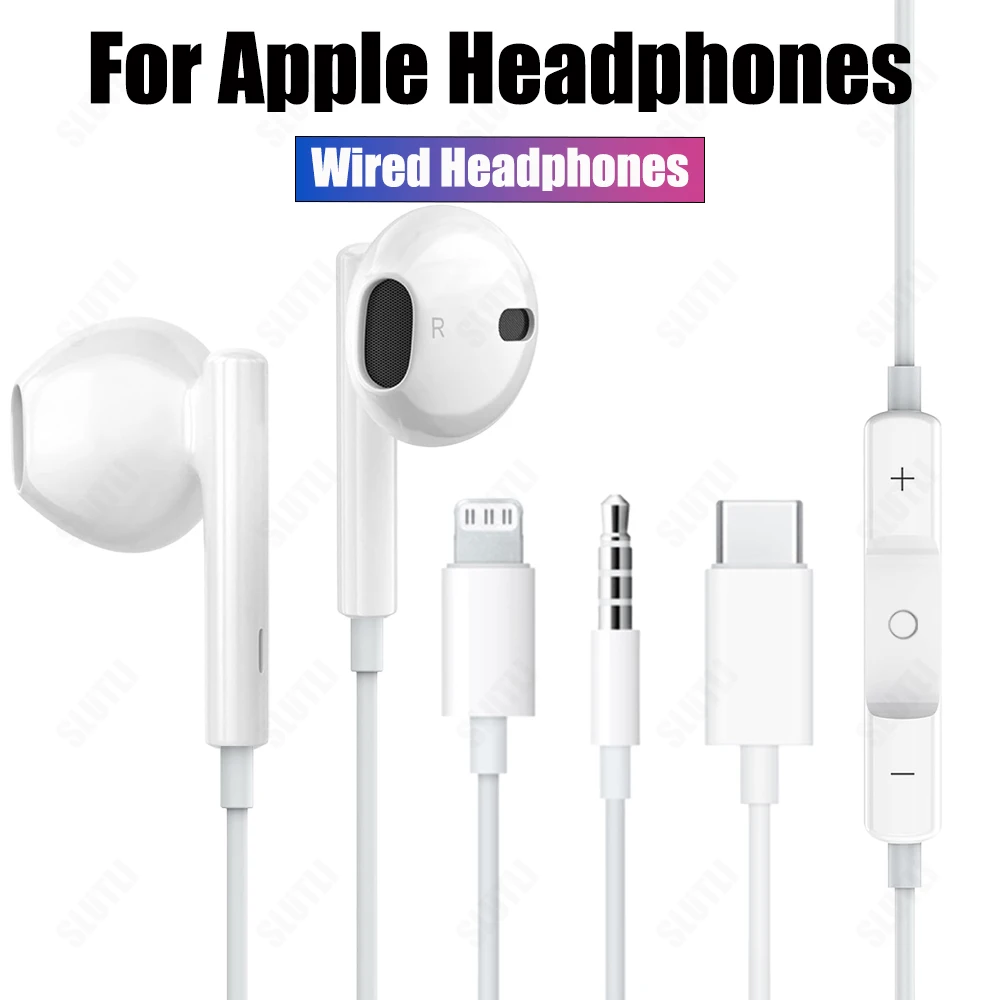 Original Wired Earphones For iPhone 15/14/13/12/11 Pro Max 7/8Plus X/XR/XS iPad In-Ear Earbud For Type C USB C 3.5mm Earbuds