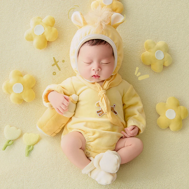 Yellow Pony Newborn Photography Props Cute Jumpsuit +Triangle Scarf +Socks, Plush Horse and Bottle Doll Background Accessories